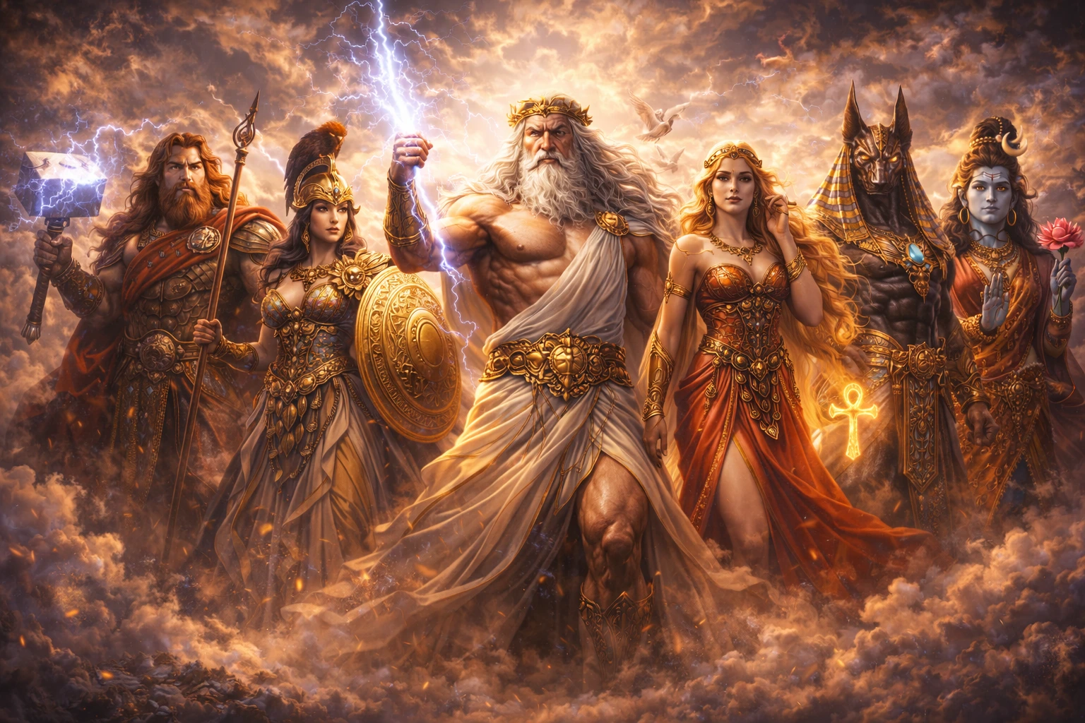 Assemblée de dieux issus de différents panthéons mythologiques
