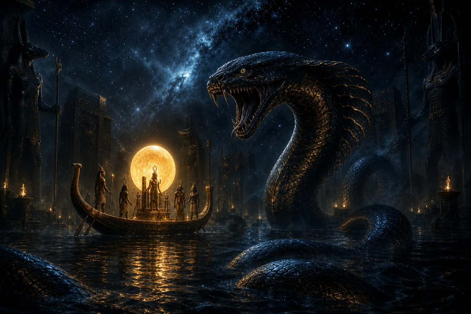 Apophis, serpent du chaos, face à la barque solaire dans la Duat