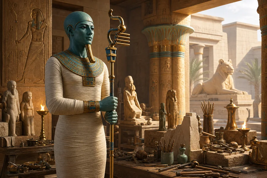 Ptah, créateur par le cœur et la parole, illustration mythologique