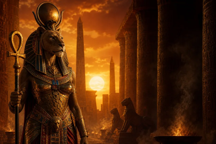 Sekhmet, colère solaire et guérison, illustration mythologique