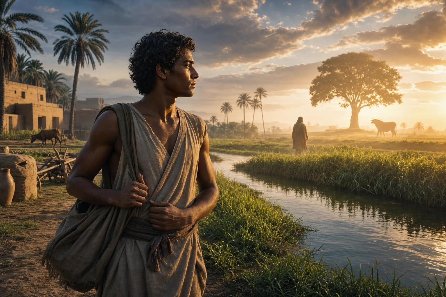 Bata dans un paysage égyptien mythique, traversé par des symboles de transformation et de renaissance