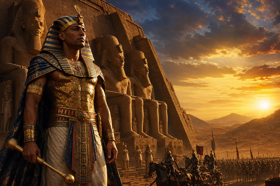 Ramsès II devant des monuments colossaux et un ciel solaire