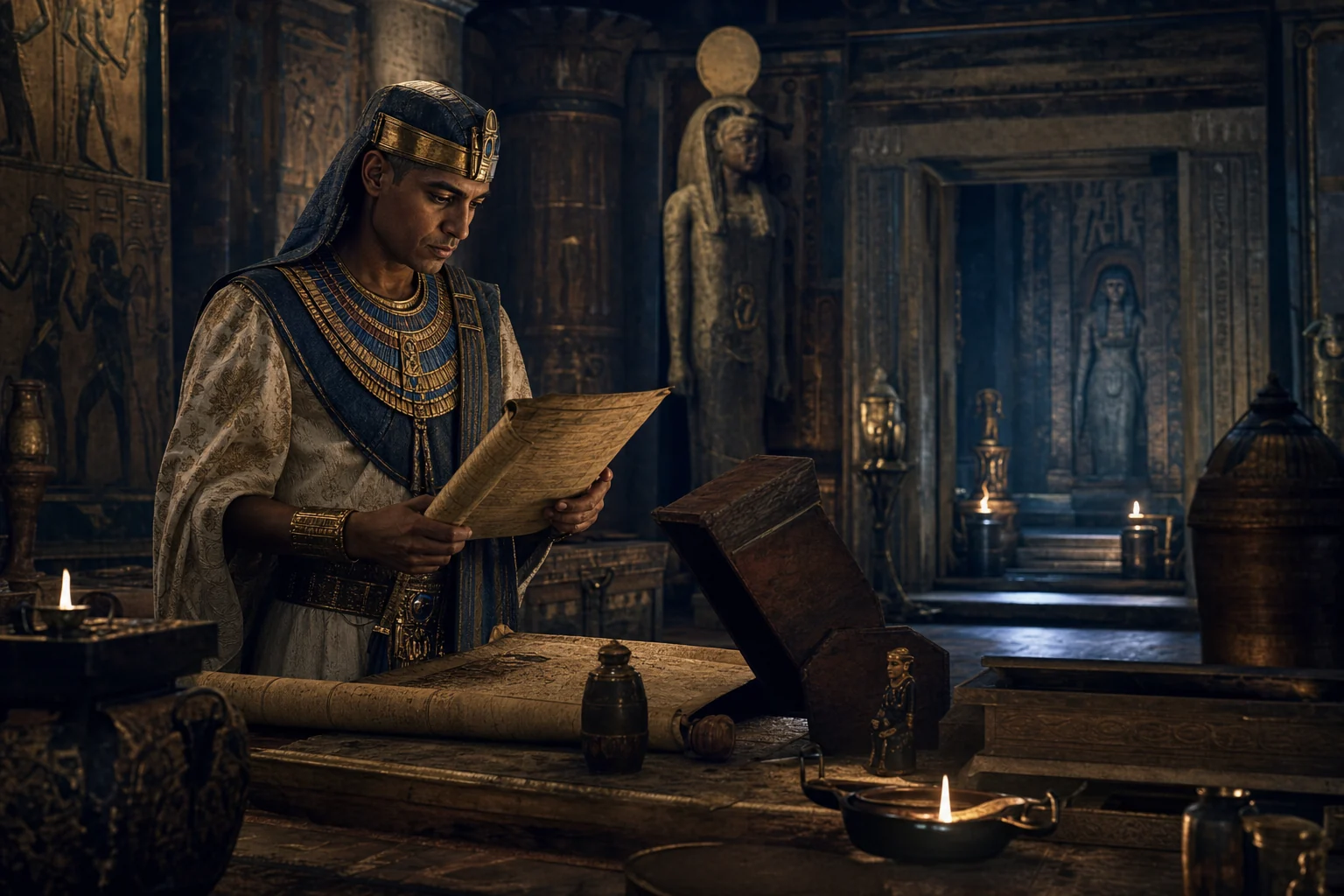 Prince savant égyptien tenant un papyrus dans une salle sacrée, entouré de colonnes et d'éclats magiques