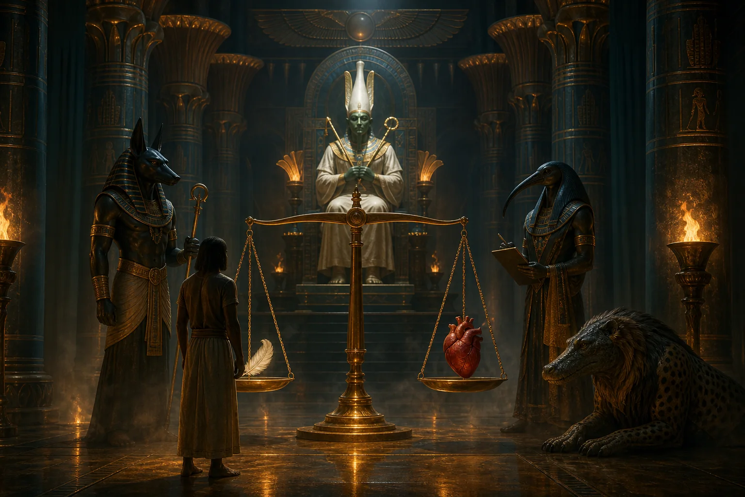 Salle du jugement des morts avec pesée du cœur, plume de Maât, Anubis, Thot et Osiris