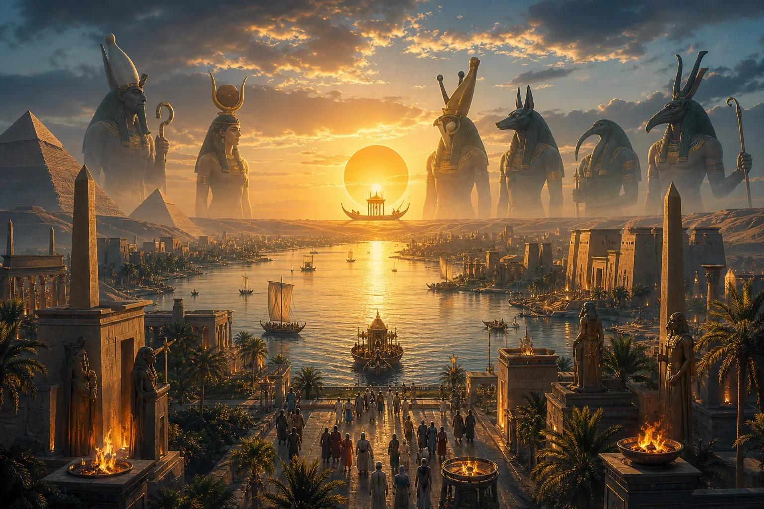 Panorama mythologique égyptien entre Nil, temples, soleil et passage vers la Duat