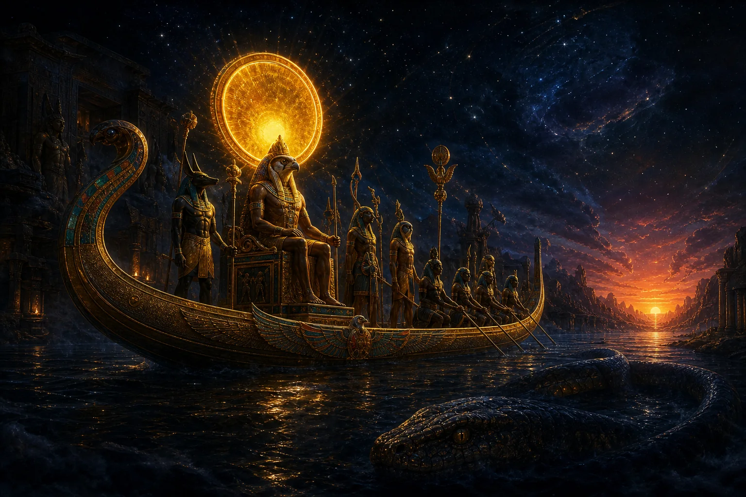 Barque solaire de Rê traversant le ciel et la Duat entre lumière dorée et eaux sombres