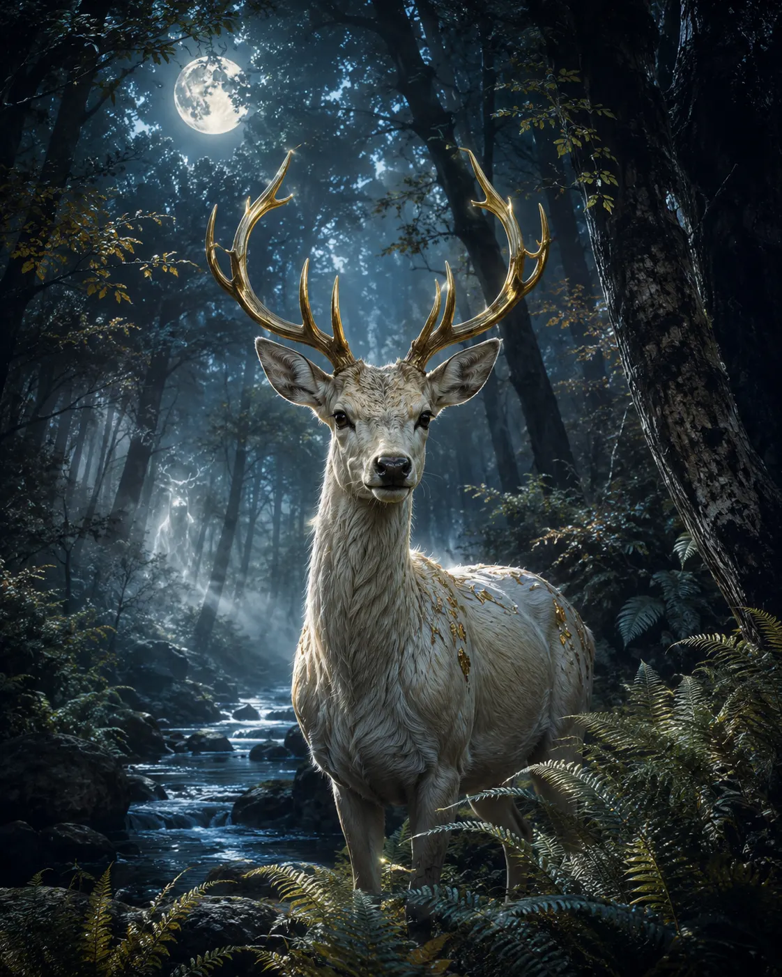 Biche de Cérynie dans une forêt nocturne sacrée