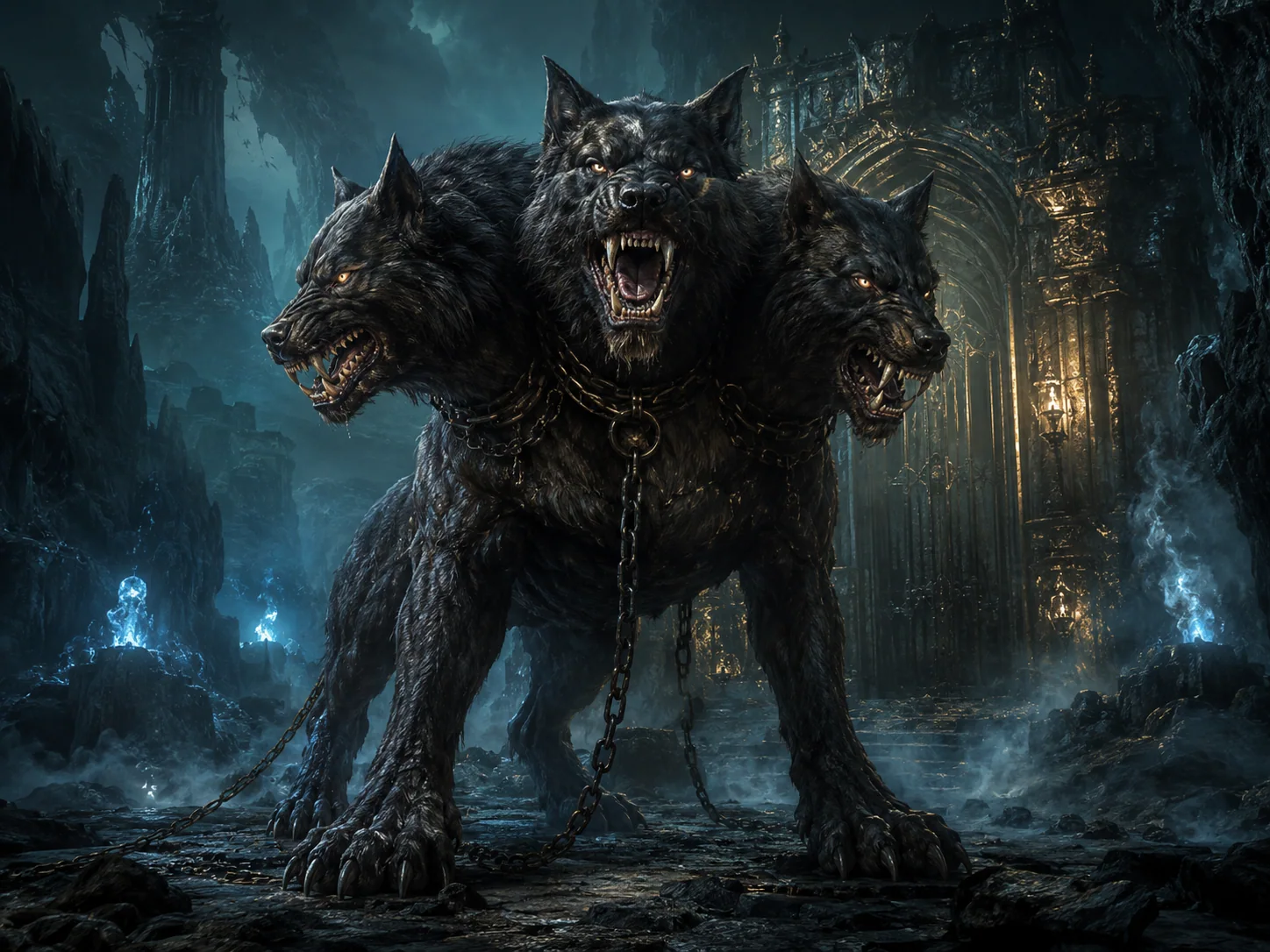 Illustration stylisée de Cerbère, gardien infernal
