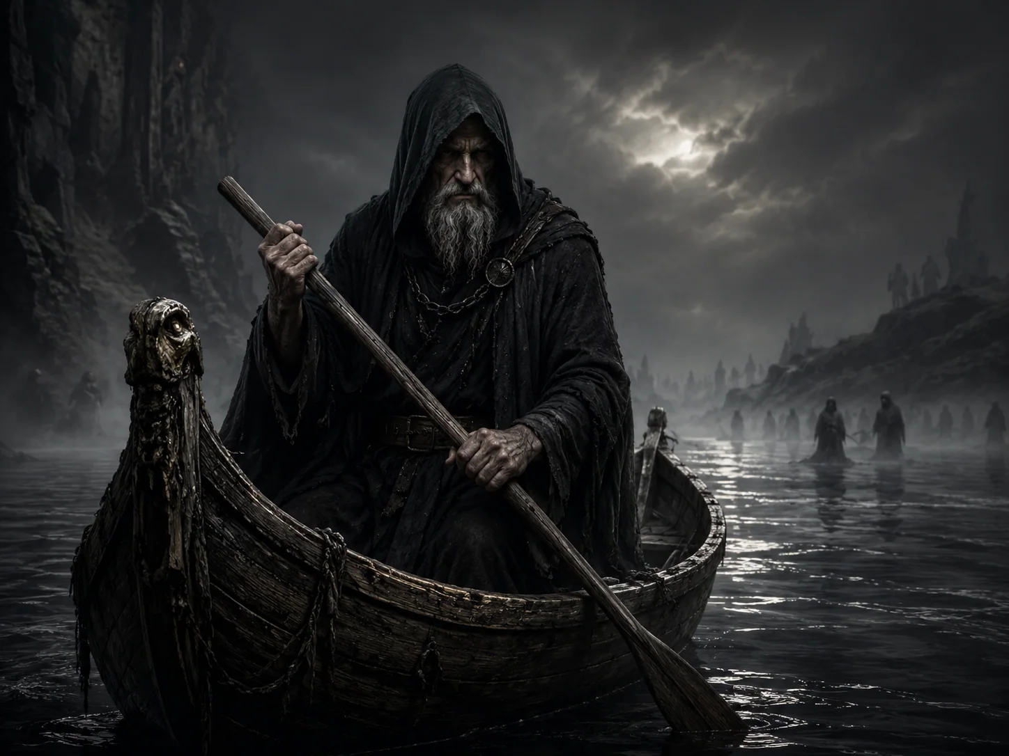 Illustration stylisée de Charon, passeur des morts