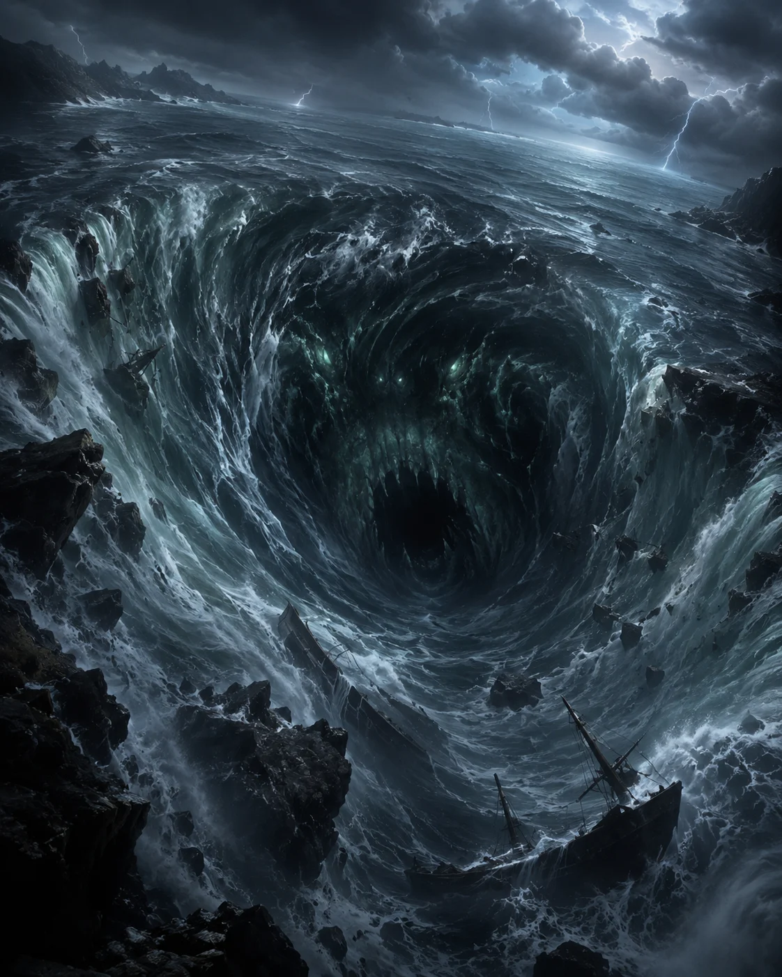 Charybde sous forme de tourbillon marin immense