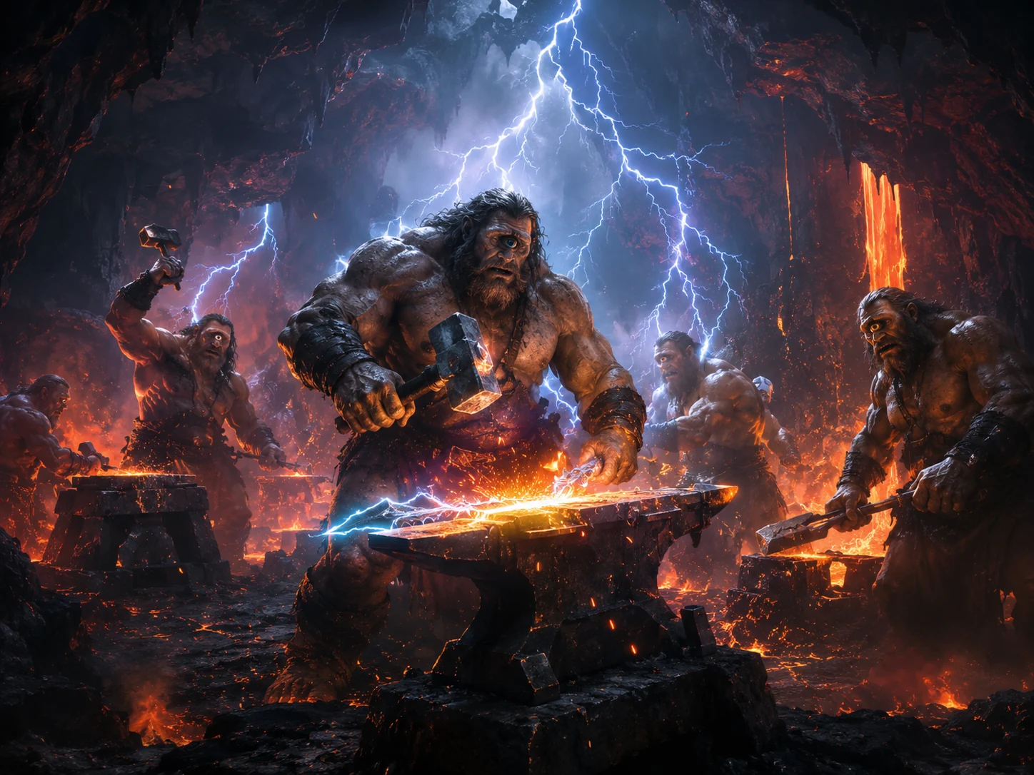 Cyclopes forgeant la foudre de Zeus dans une caverne volcanique