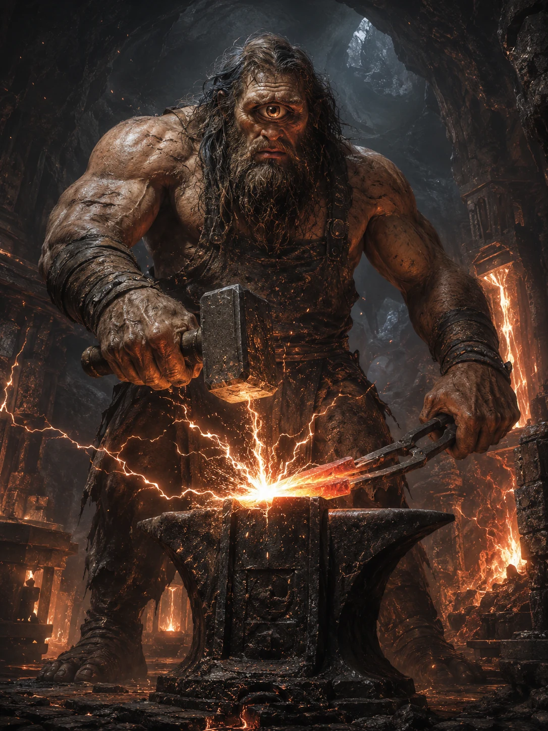 Cyclope primordial forgeron dans une forge souterraine