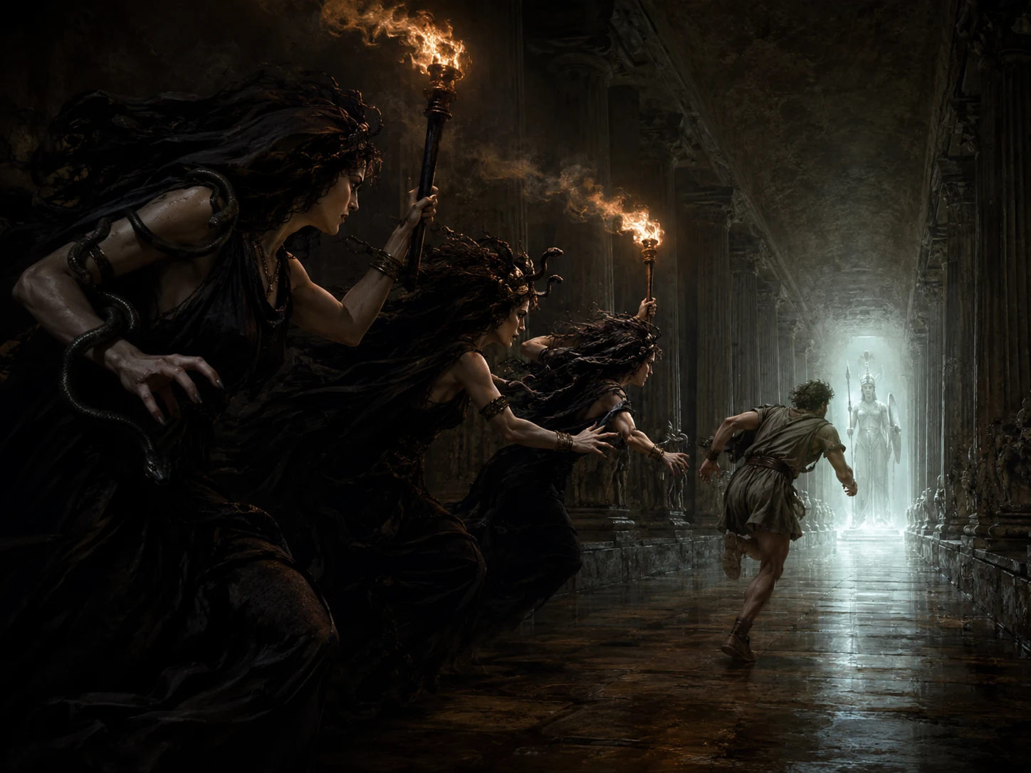 Oreste poursuivi par les Erinyes dans un couloir antique
