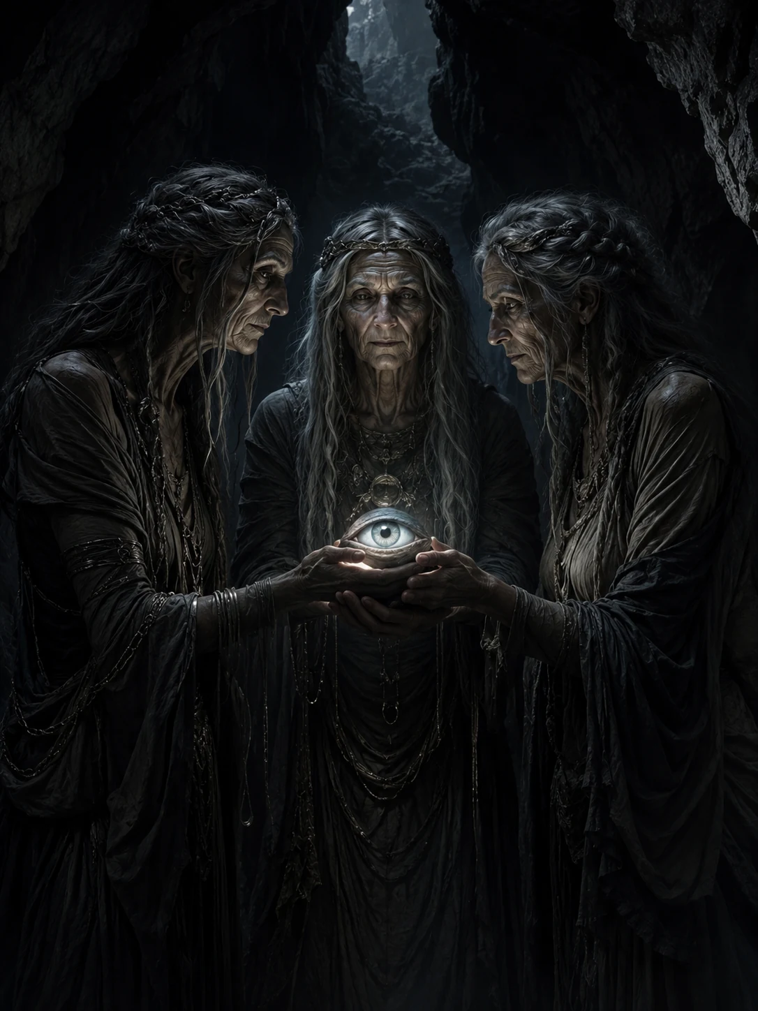 Les trois Grées tenant l'œil partagé dans une caverne sombre