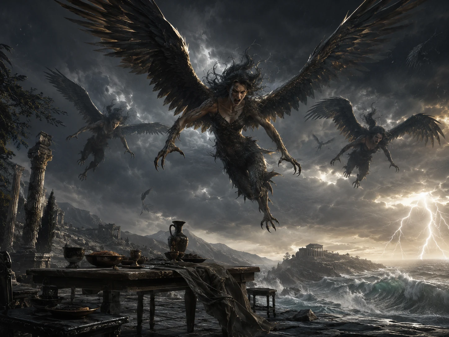 Harpies fondant depuis les nuages dans une scène de tempête