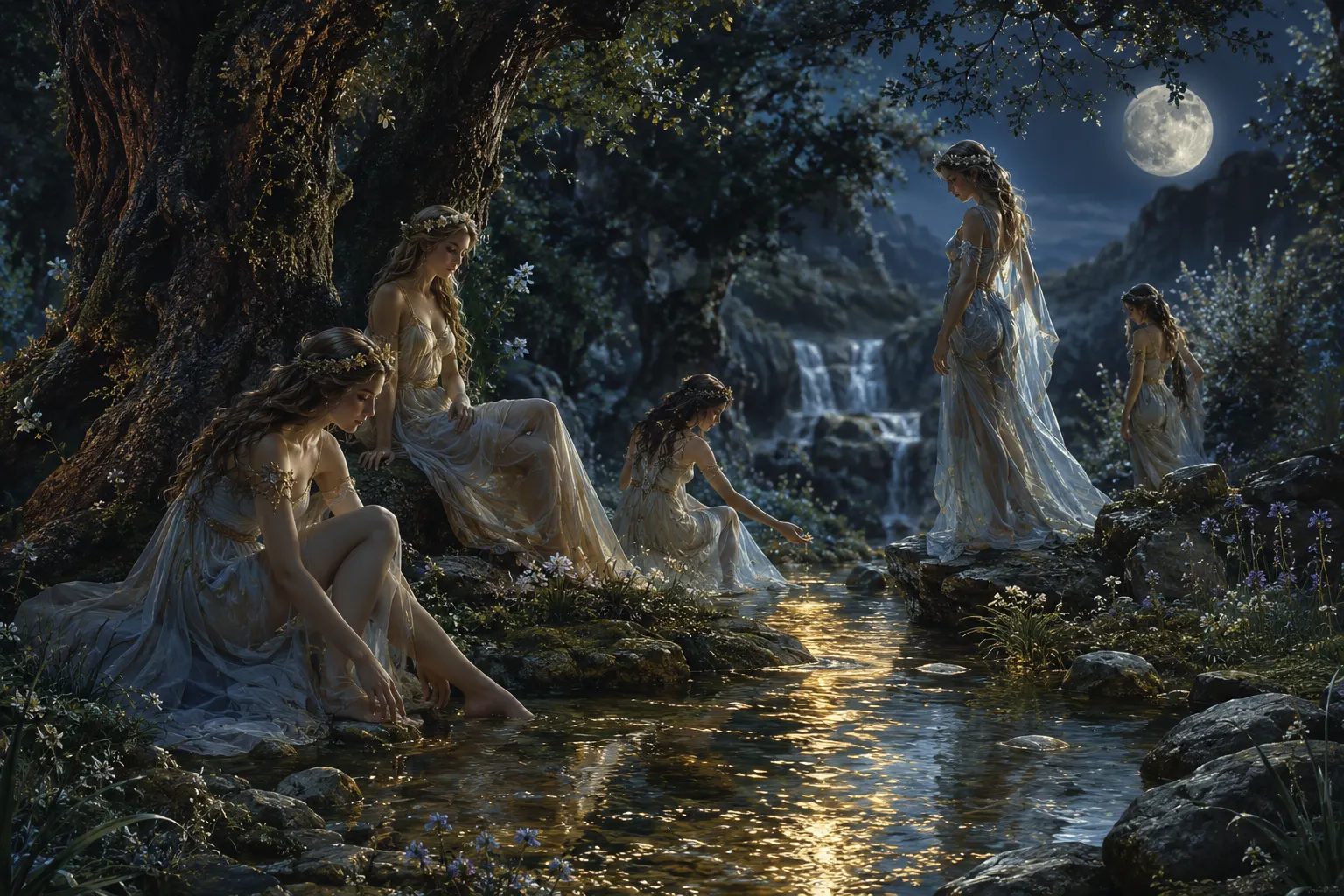 Nymphes dans un paysage grec de source et de forêt