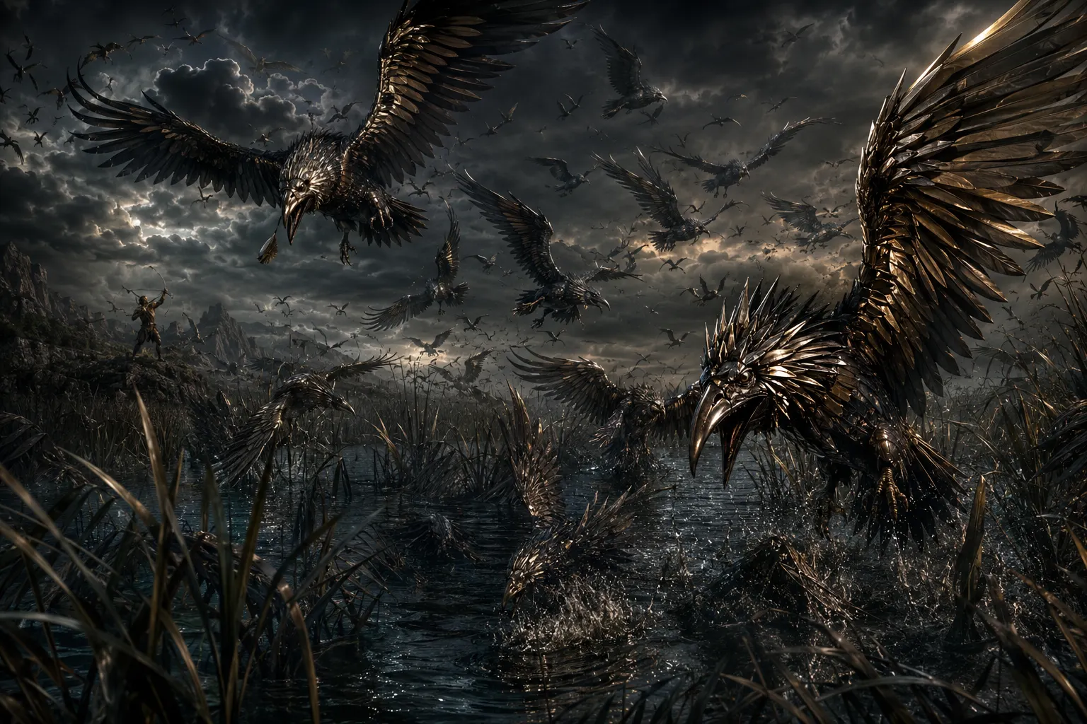 Oiseaux du lac Stymphale dans une nuée sombre