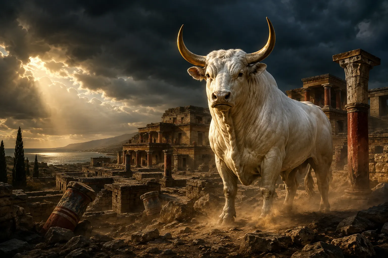 Taureau de Crète dans un paysage mythologique