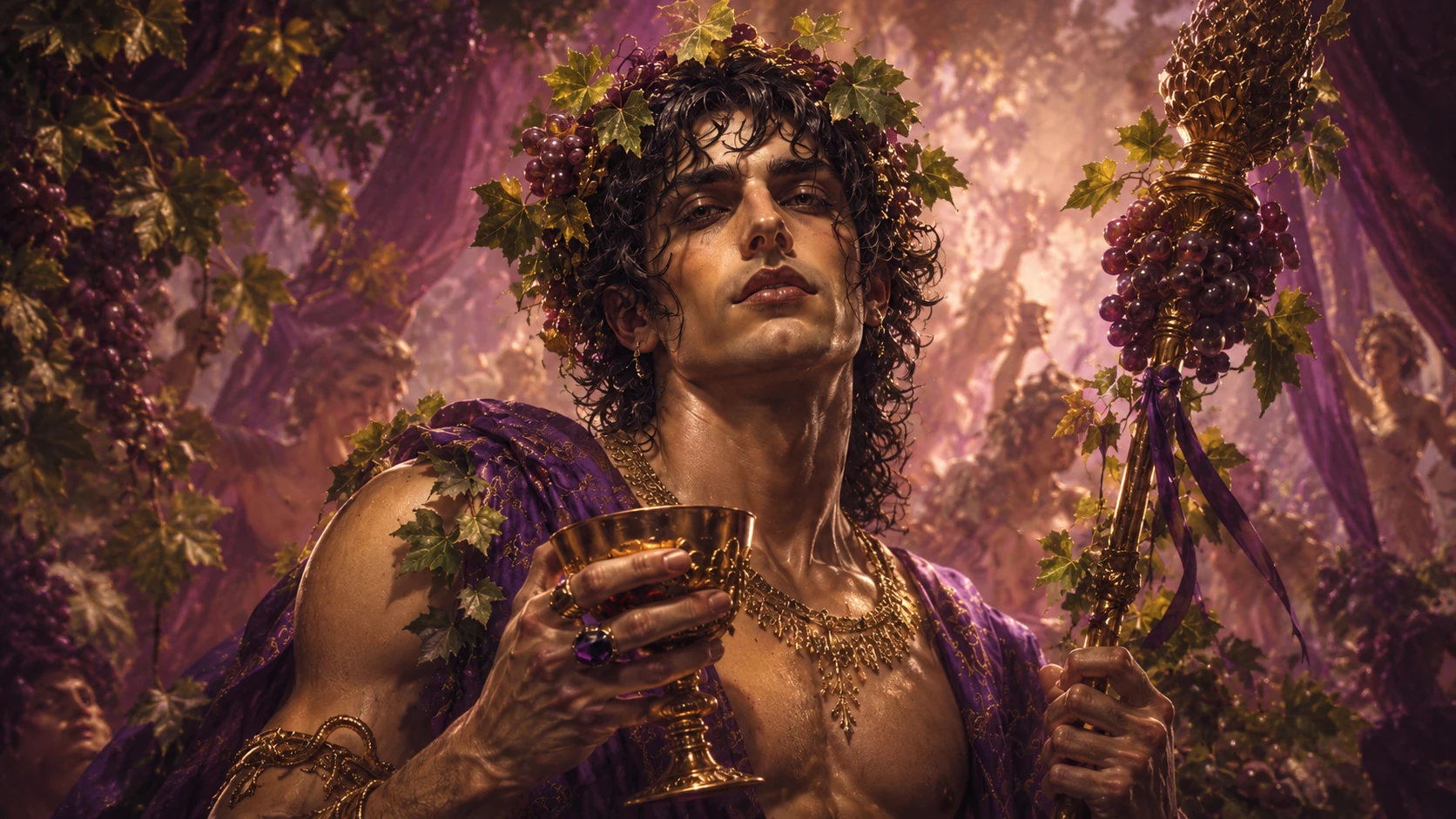 Dionysos, dieu du vin, illustration stylisée