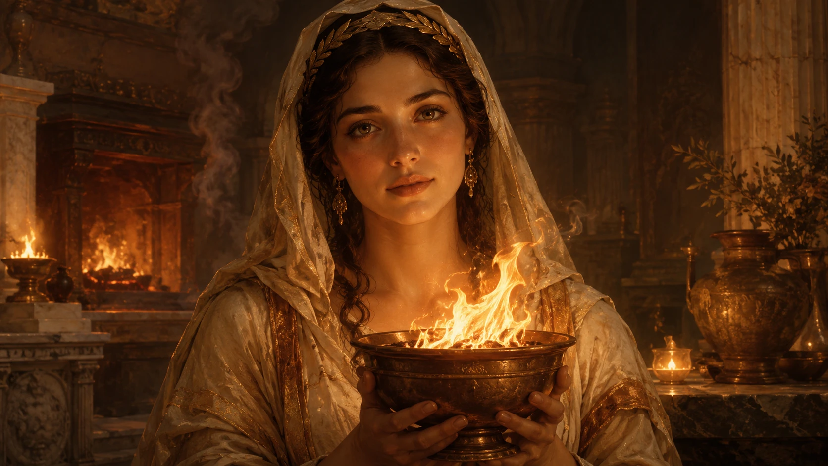 Hestia, déesse du foyer, illustration stylisée