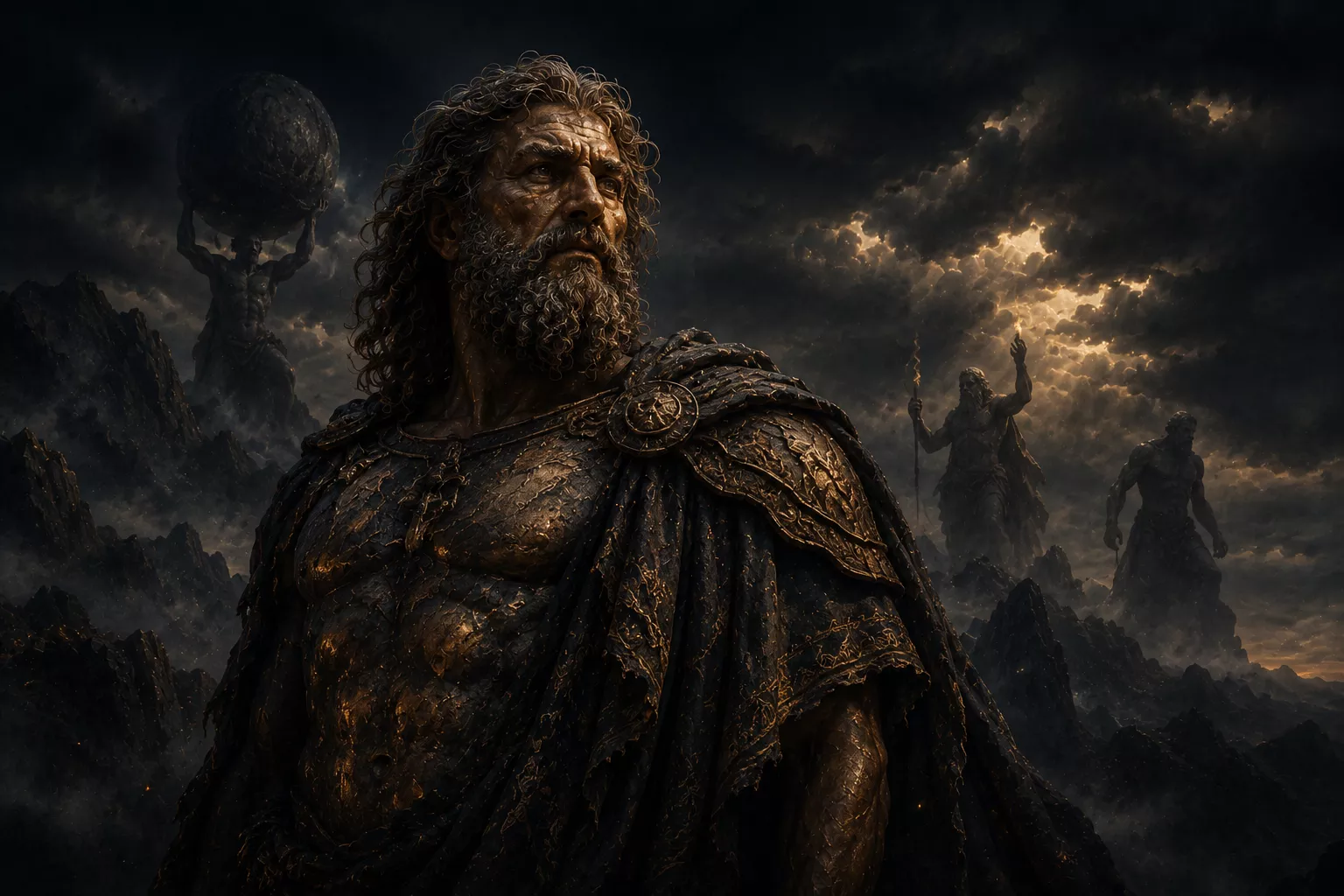 Japet, Titan austère des grandes lignées, devant un ciel orageux