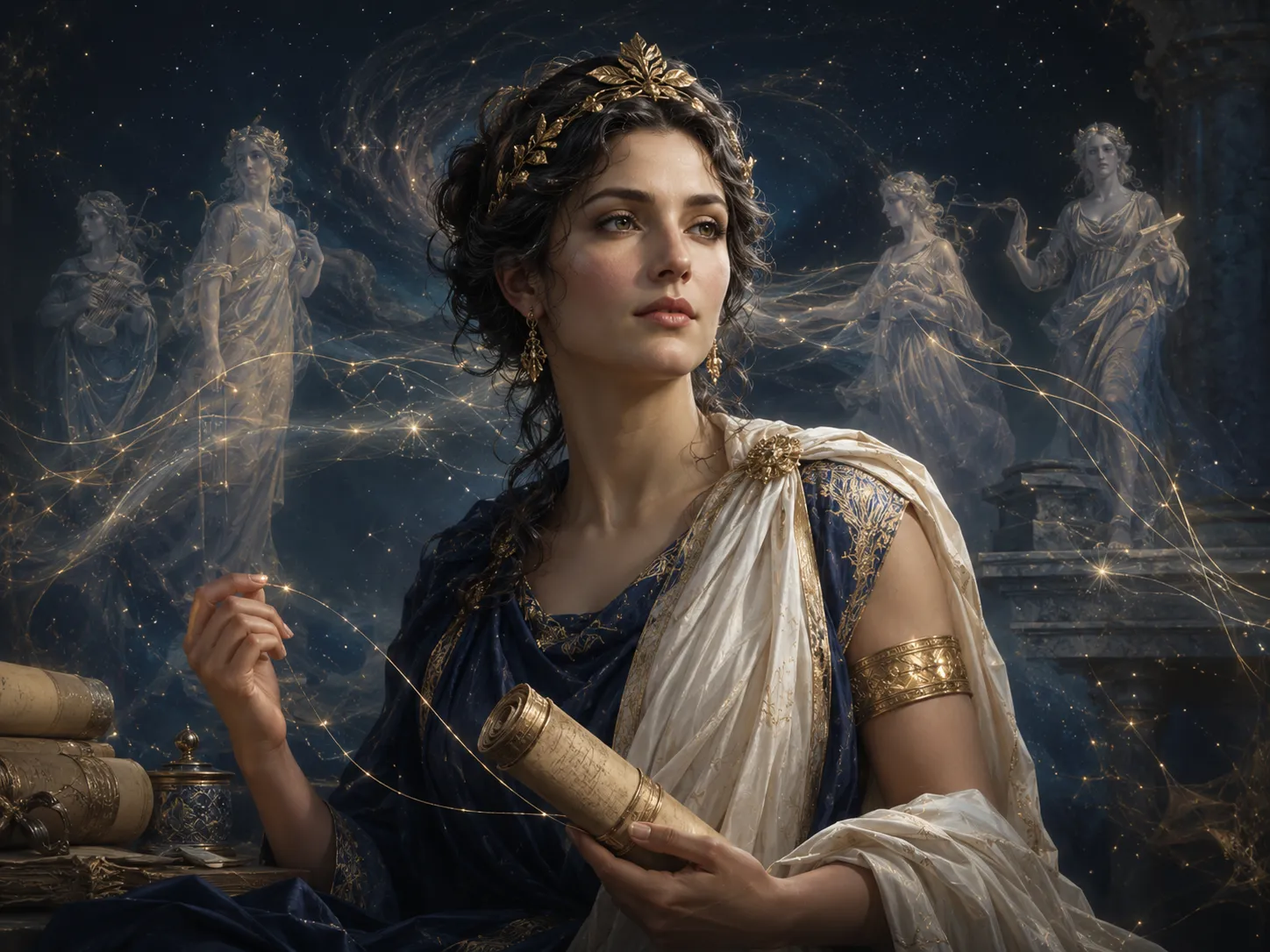 Mnémosyne, Titanide de la mémoire, entourée de rouleaux, d'étoiles et de silhouettes de Muses