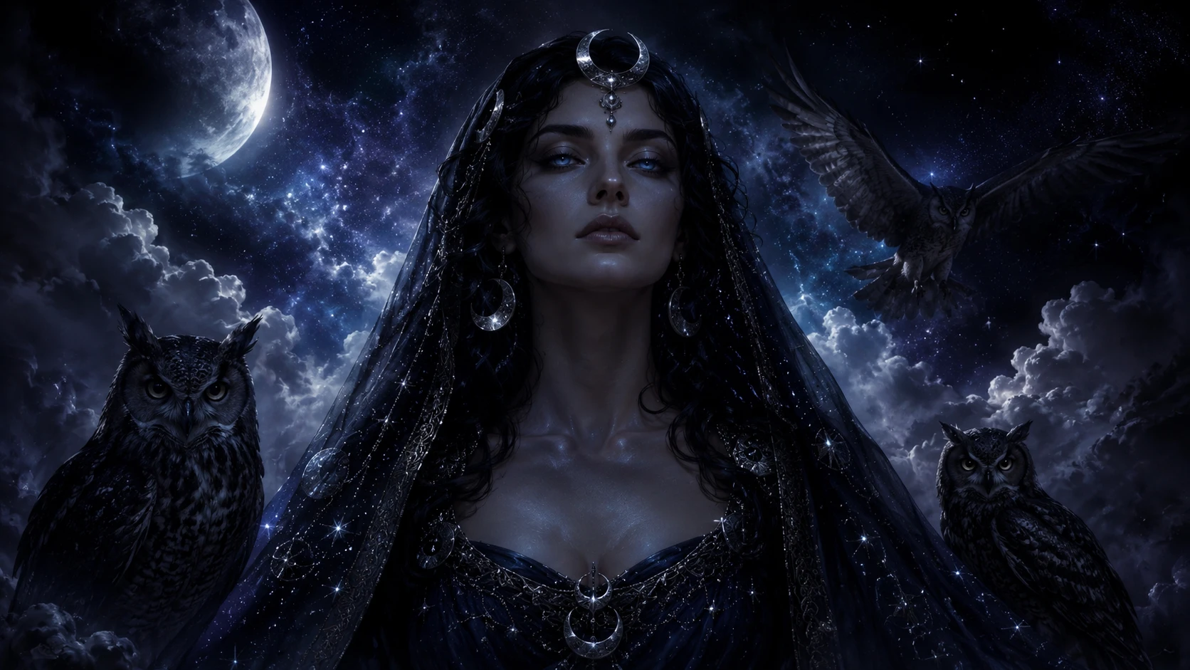Nyx drapée dans un manteau étoilé, avançant dans un ciel nocturne profond