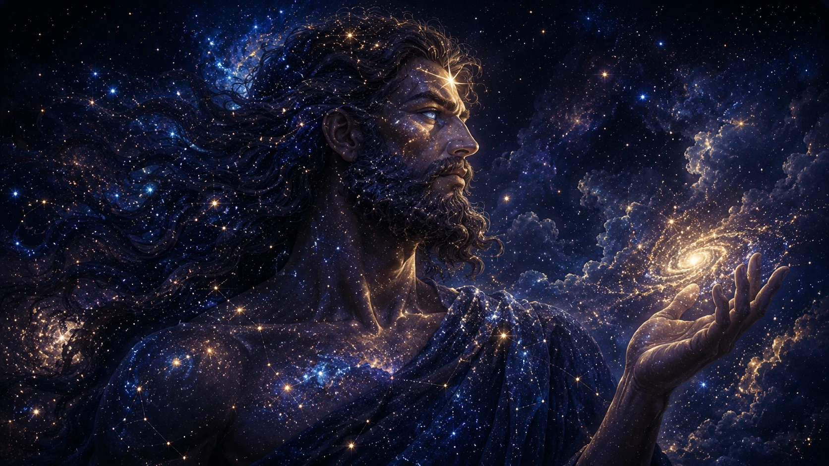 Ouranos représente comme un ciel étoilé prenant forme humaine au-dessus de la Terre