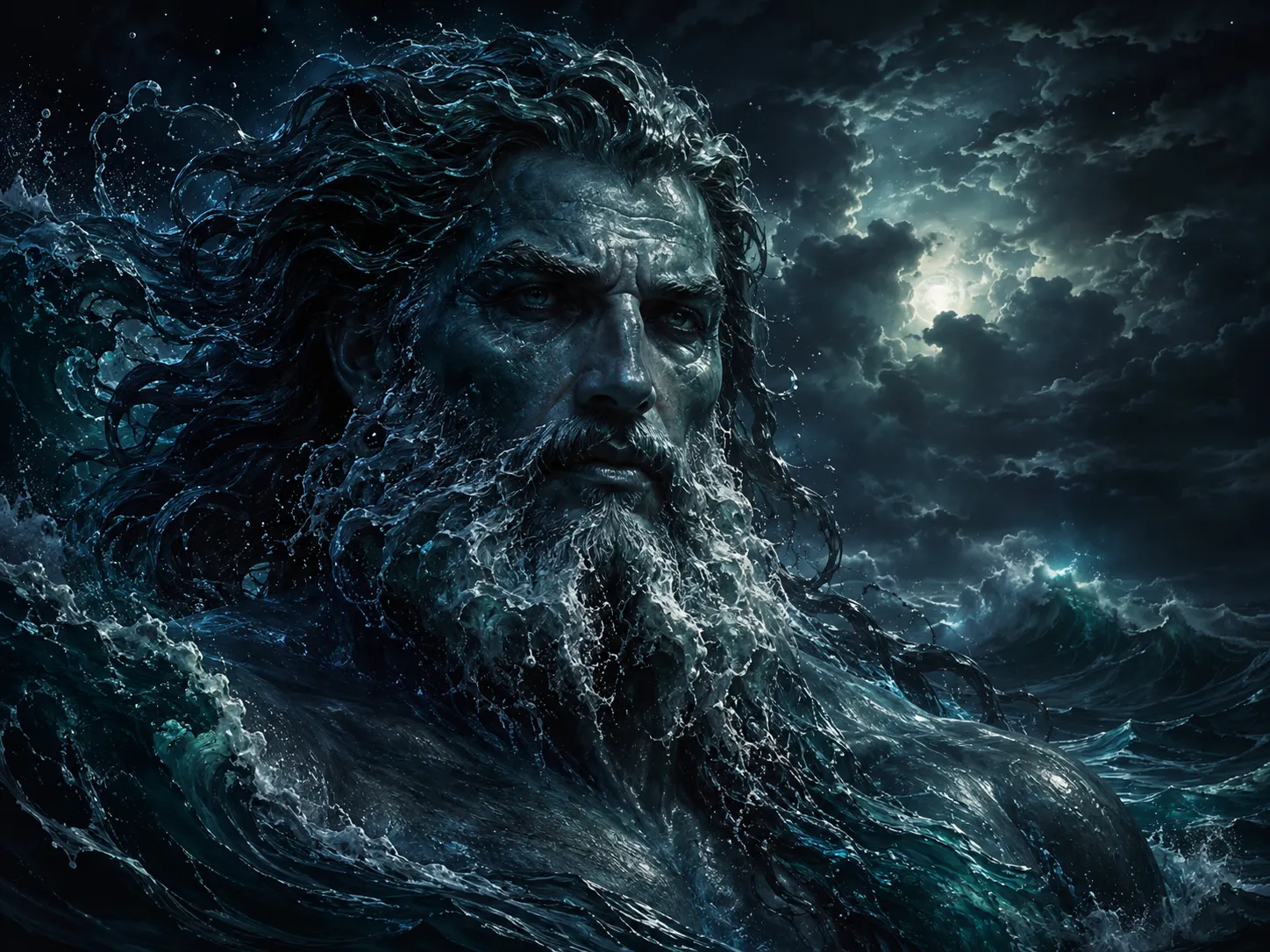 Pontos, mer primordiale personnifiée dans des flots sombres et archaïques