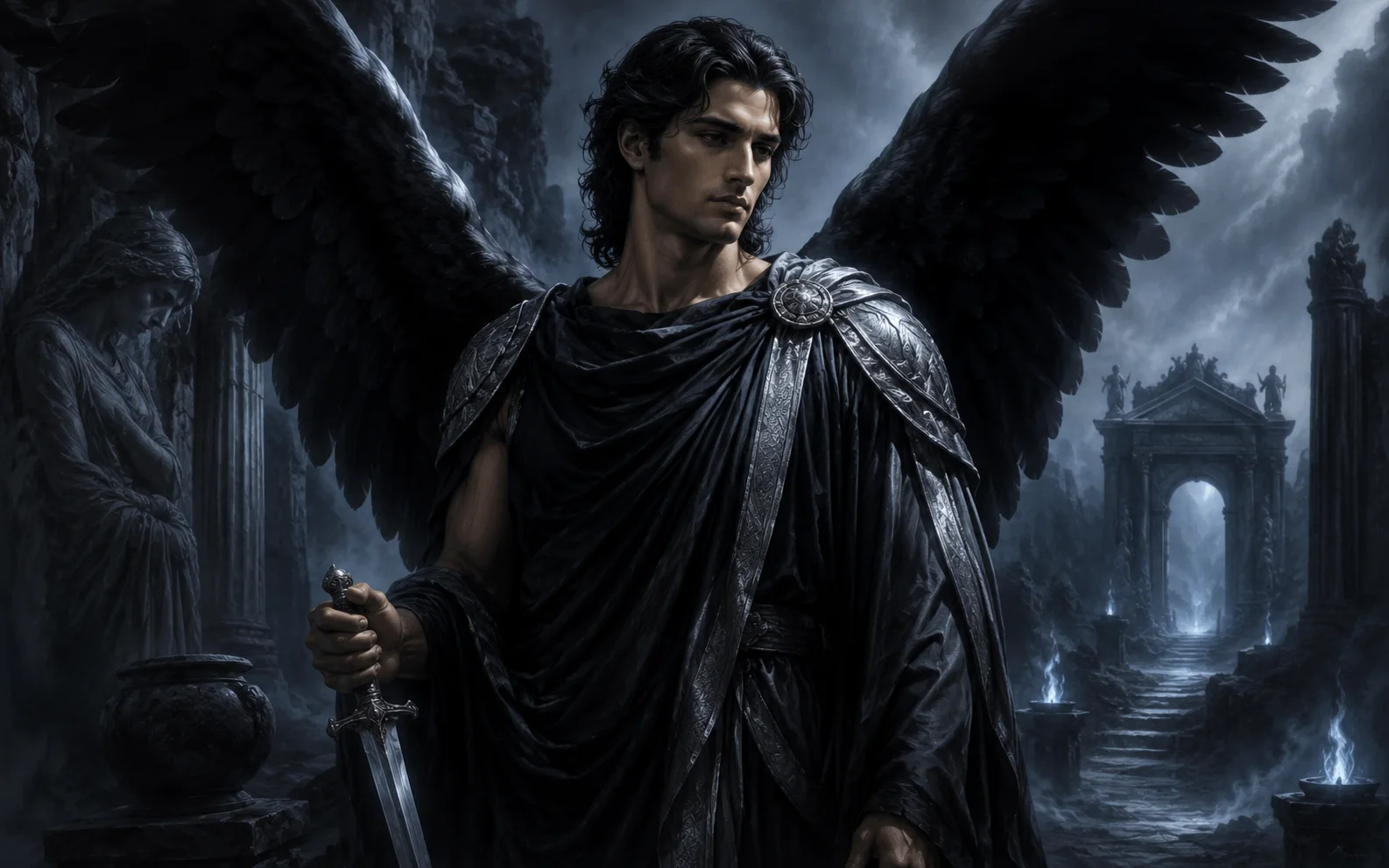 Thanatos, personnification de la mort, représenté comme une figure ailée sombre