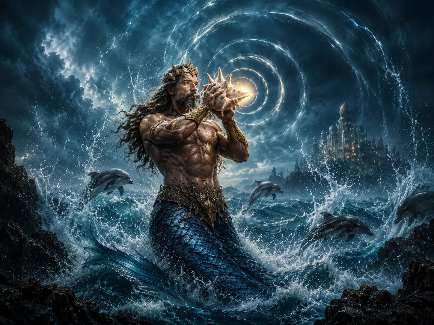Triton soufflant dans sa conque au milieu des vagues