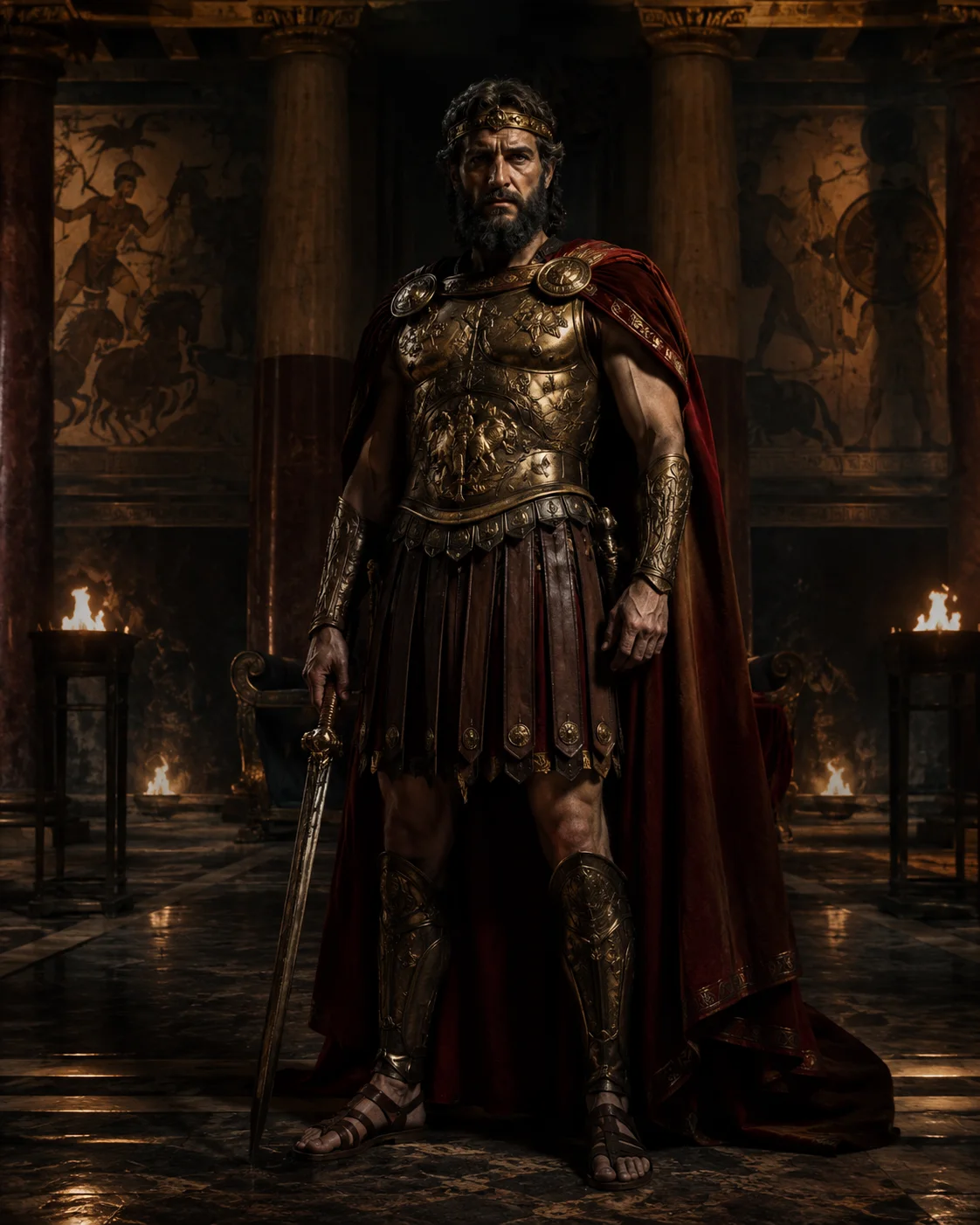 Agamemnon en roi guerrier devant Mycènes et les navires achéens