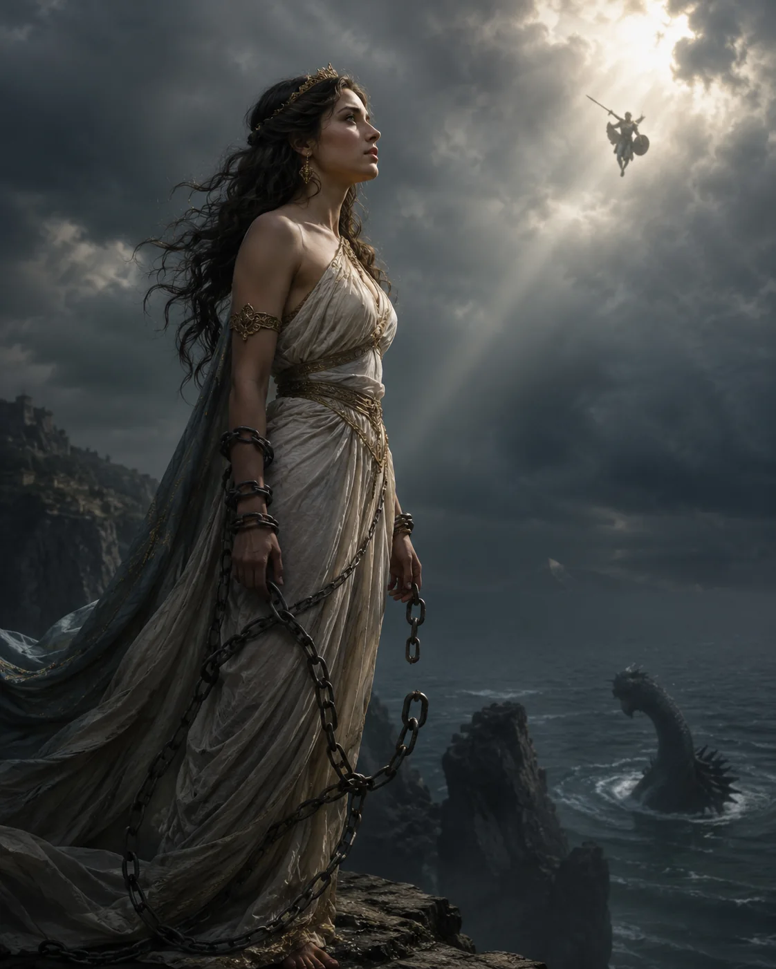 Andromède sur un rivage mythologique avant l'arrivée de Persée