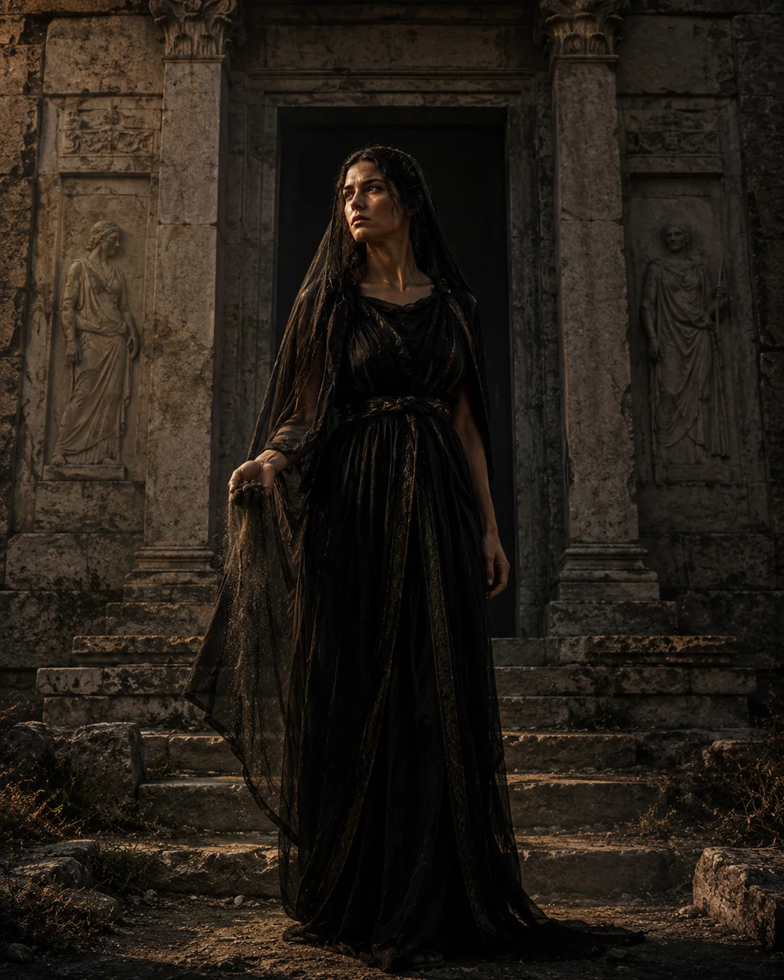 Antigone dans une lumière sombre devant les murailles de Thèbes
