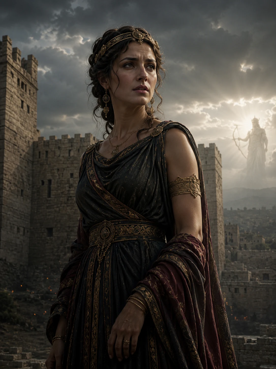 Cassandre, prophétesse troyenne, devant les murailles de Troie