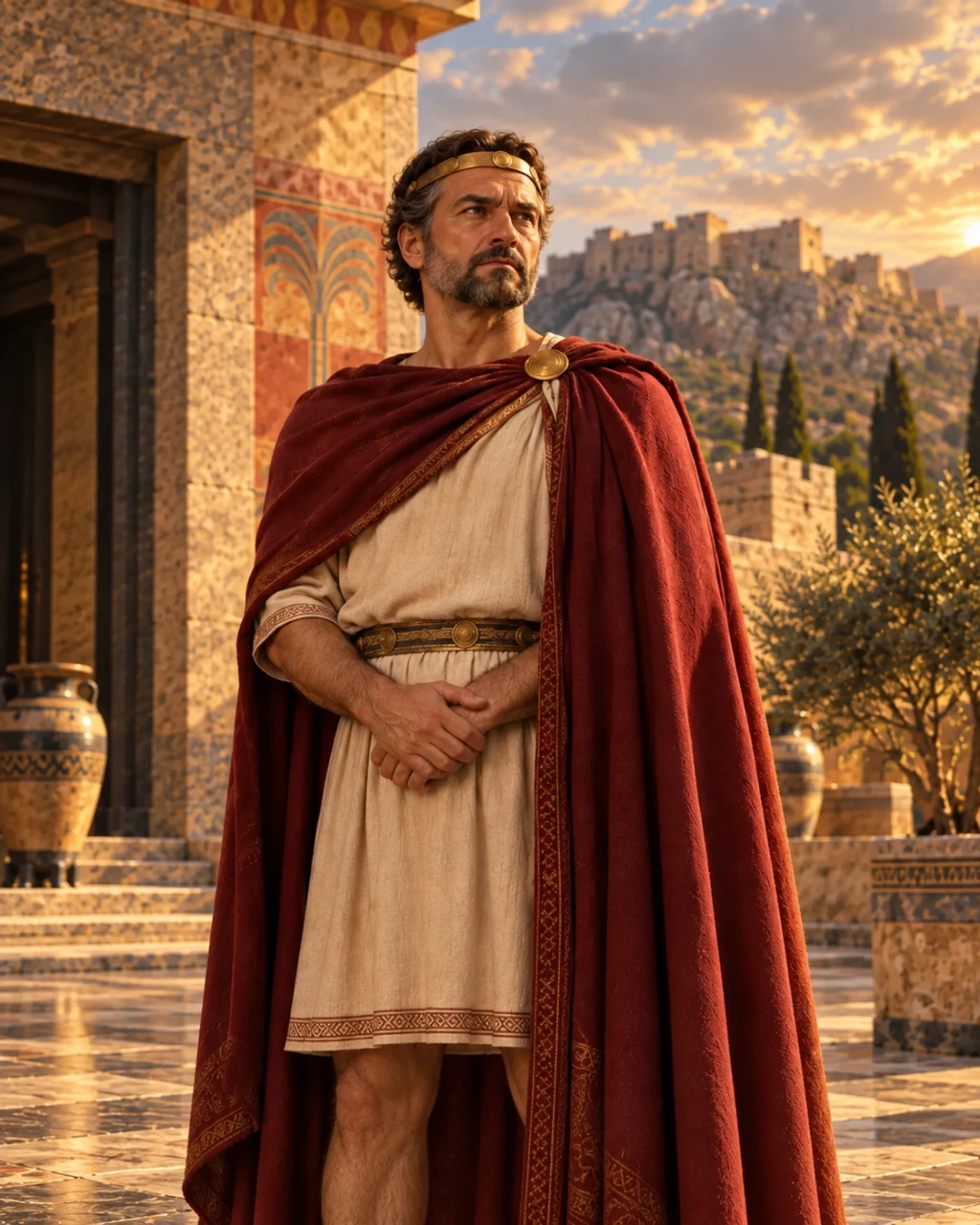 Portrait artistique d’Eurysthée dans un palais évoquant Mycènes