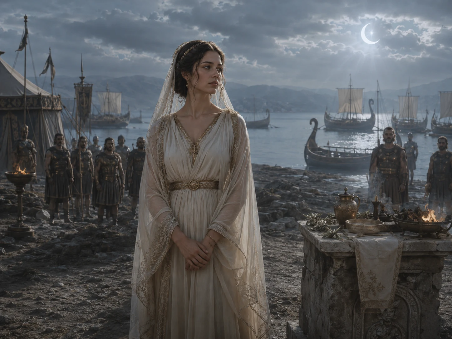 Iphigénie au camp d'Aulis devant les navires achéens immobiles