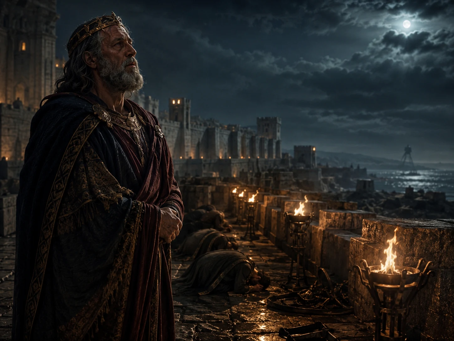 Priam devant les murailles de Troie dans une lumière de torches