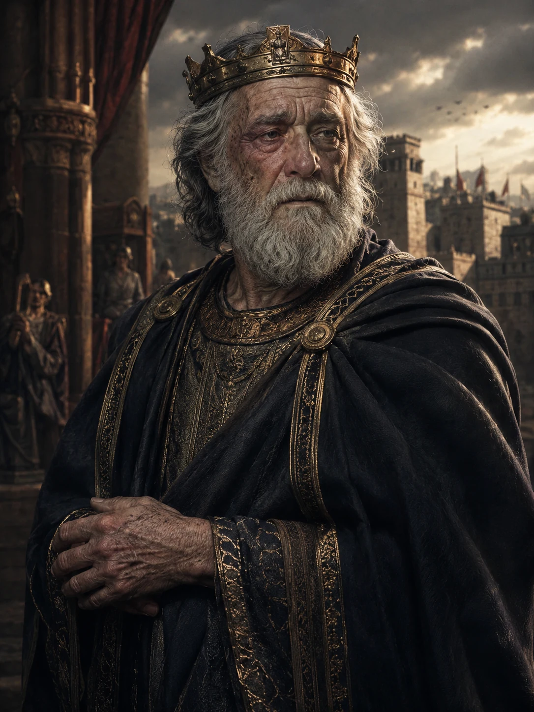 Priam, vieux roi de Troie, dans une atmosphère de deuil royal