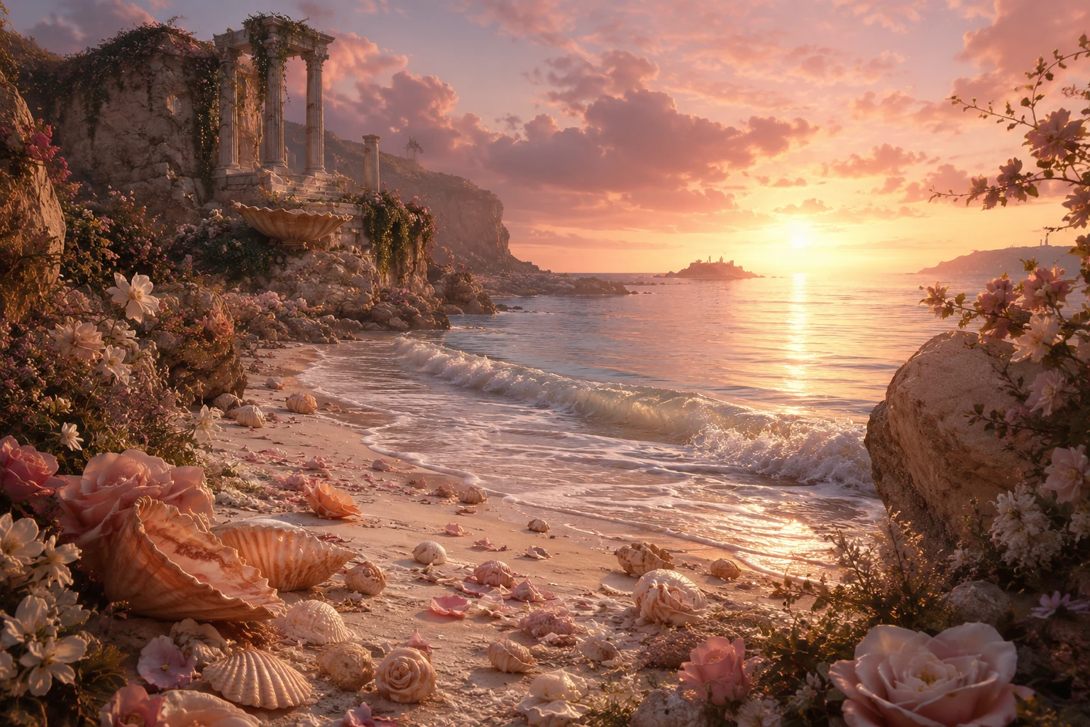 Cythère, île d'Aphrodite, rivage d'écume et lumière rose-or