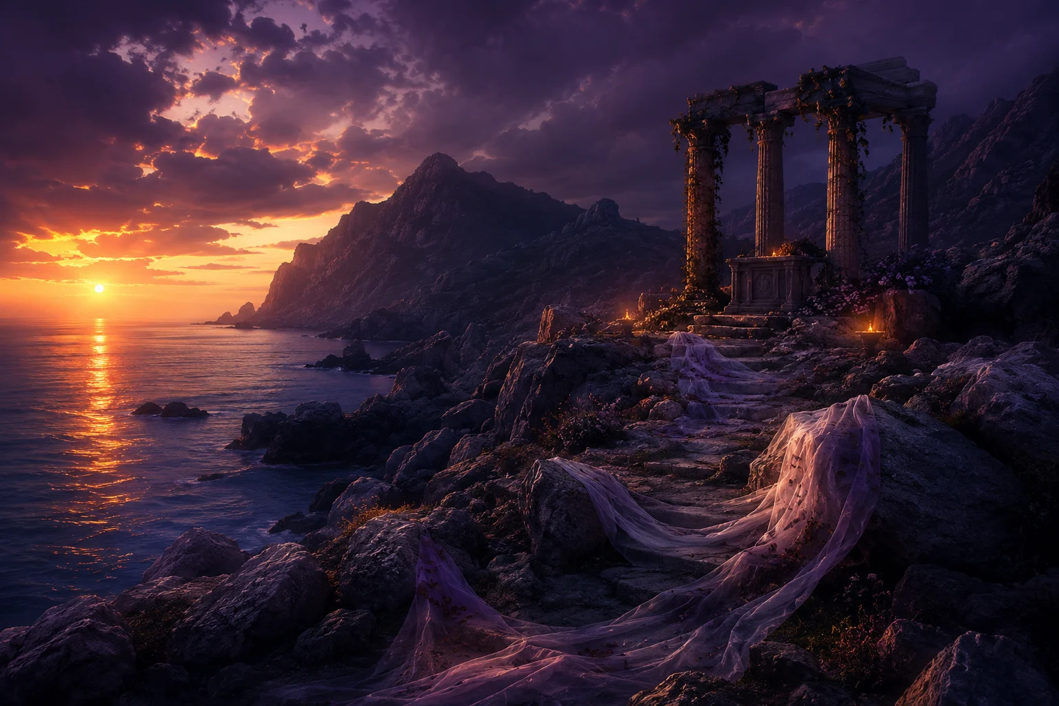 Île de Naxos au crépuscule, Ariane et présence de Dionysos