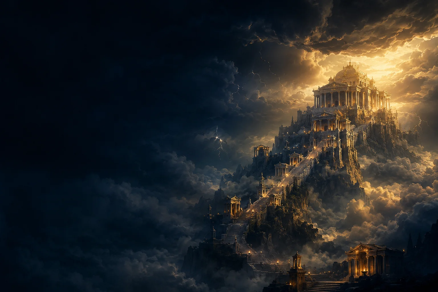 Vue mythologique de l'Olympe, montagne et palais des dieux