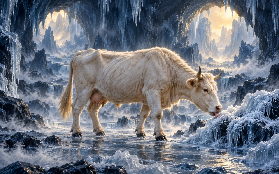 Évocation d’Auðhumla, vache primordiale léchant la glace
