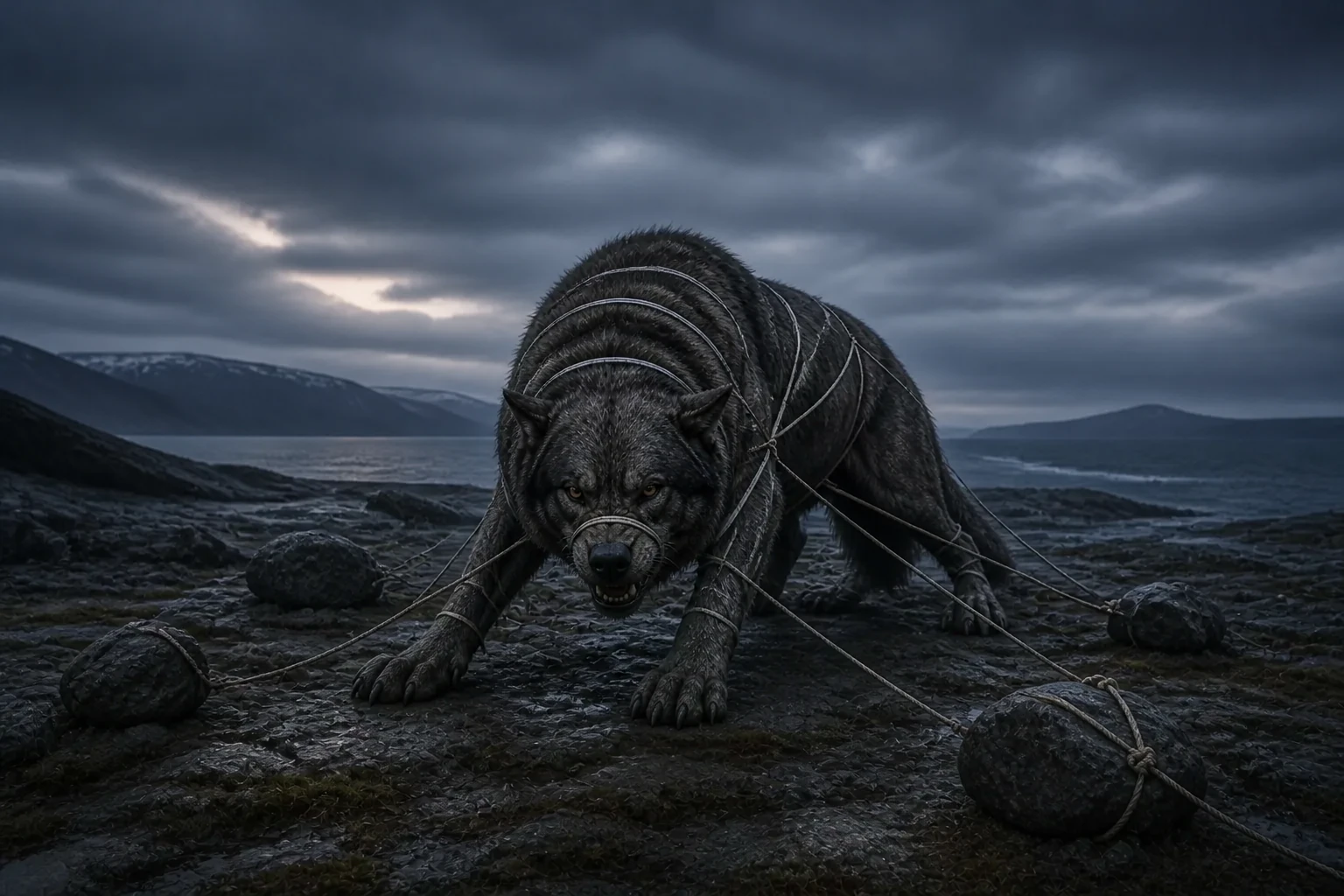 Fenrir captif maintenu par Gleipnir sur l'île de Lyngvi