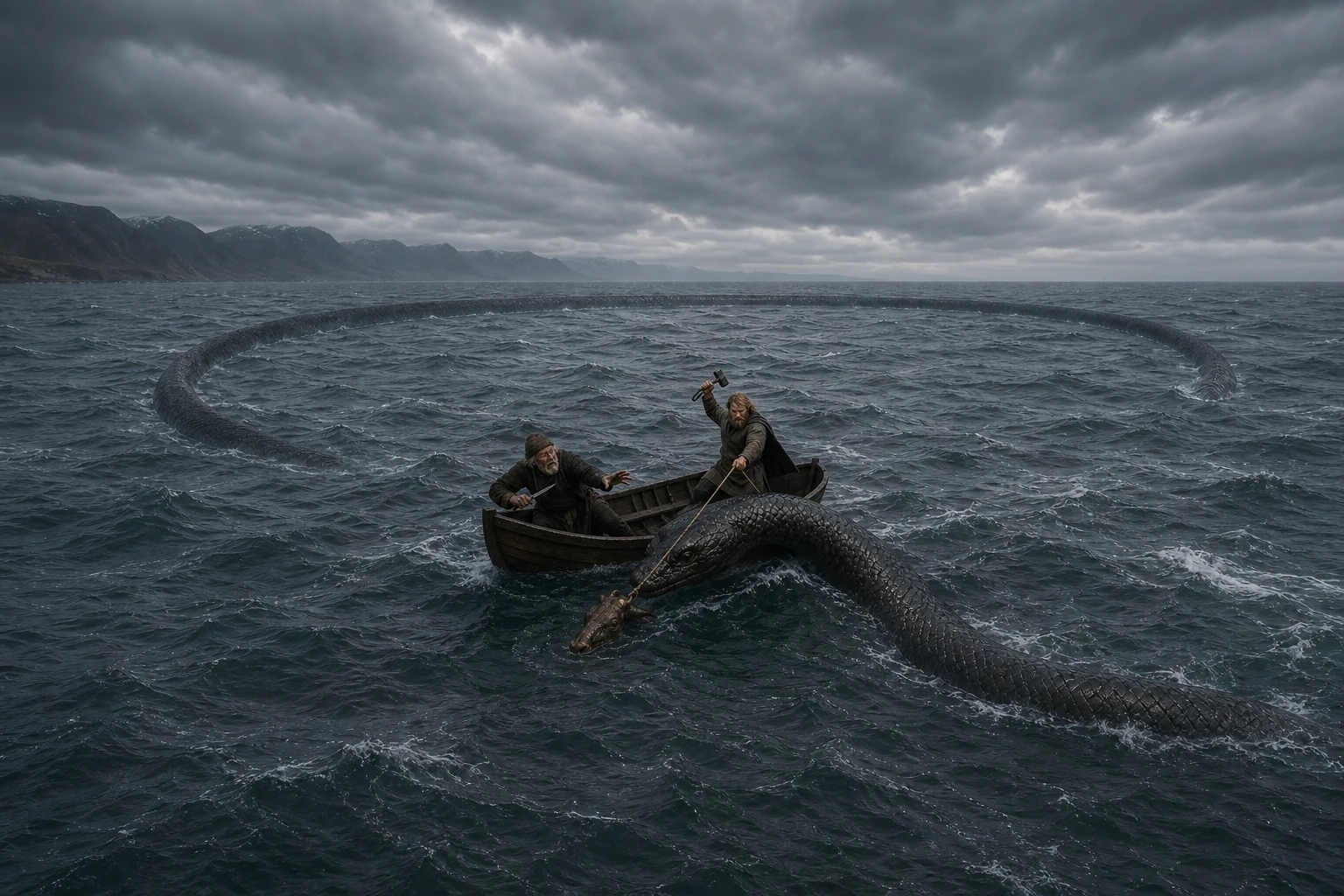Thor pêche le serpent Jörmungandr depuis la barque du géant Hymir
