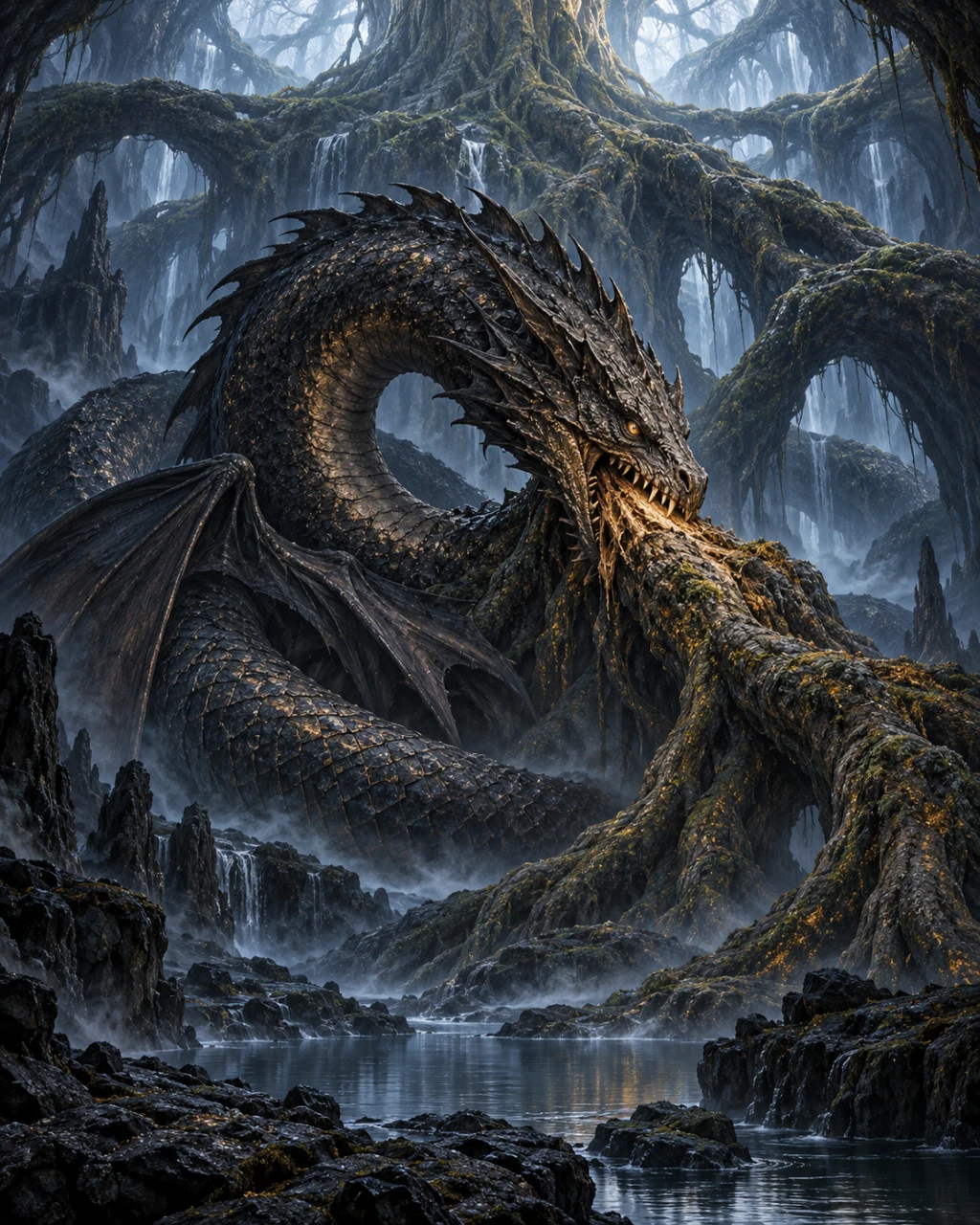 Évocation de Níðhöggr rongeant une racine dans les profondeurs d’Yggdrasil
