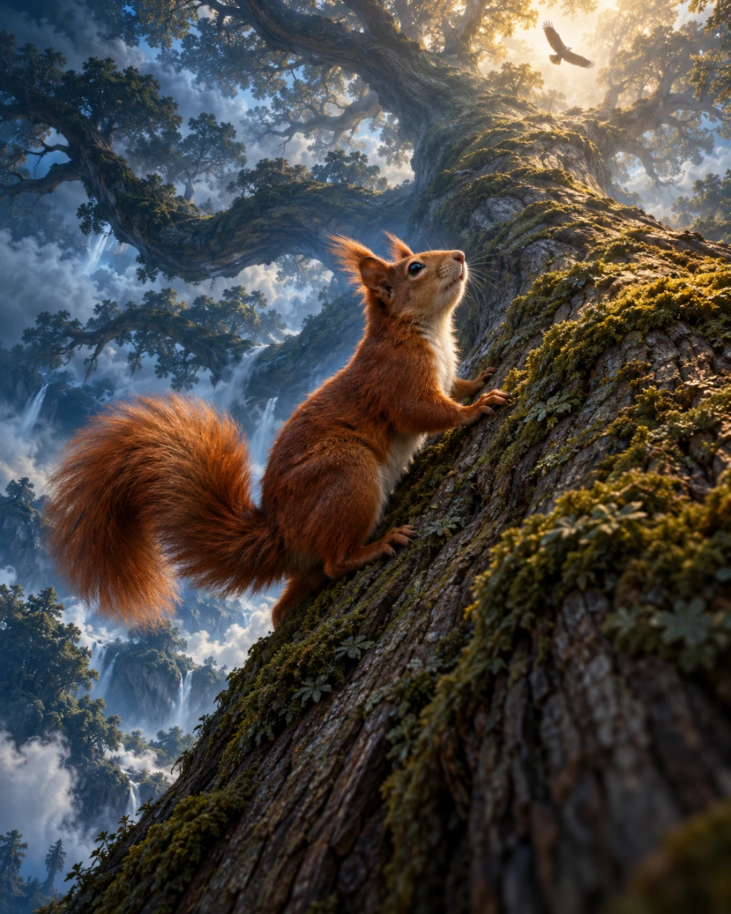 Évocation de Ratatoskr sur l’écorce d’Yggdrasil, tourné vers la cime lumineuse