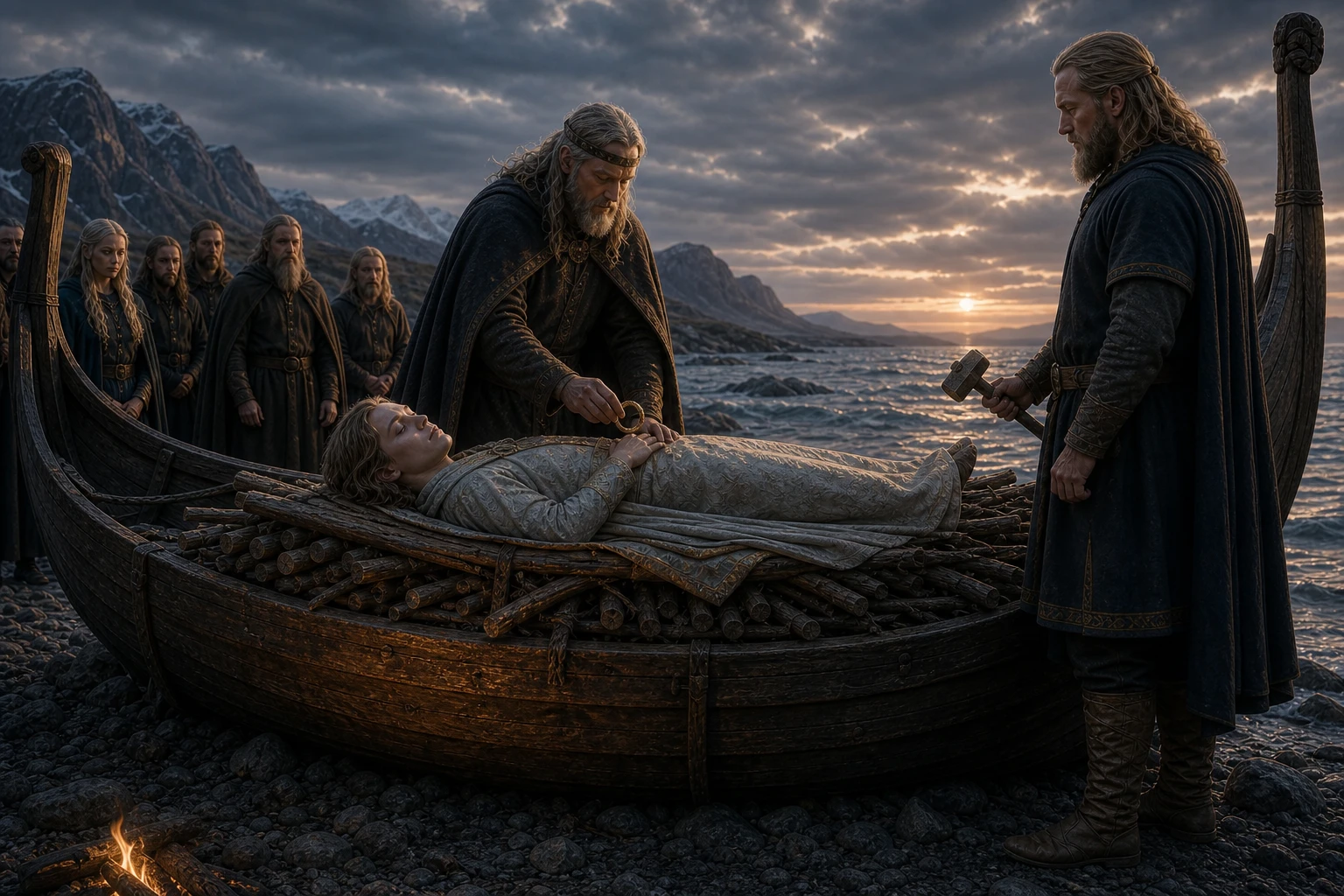 Le corps de Baldr repose seul au centre du navire funéraire Hringhorni avant l'allumage du bûcher
