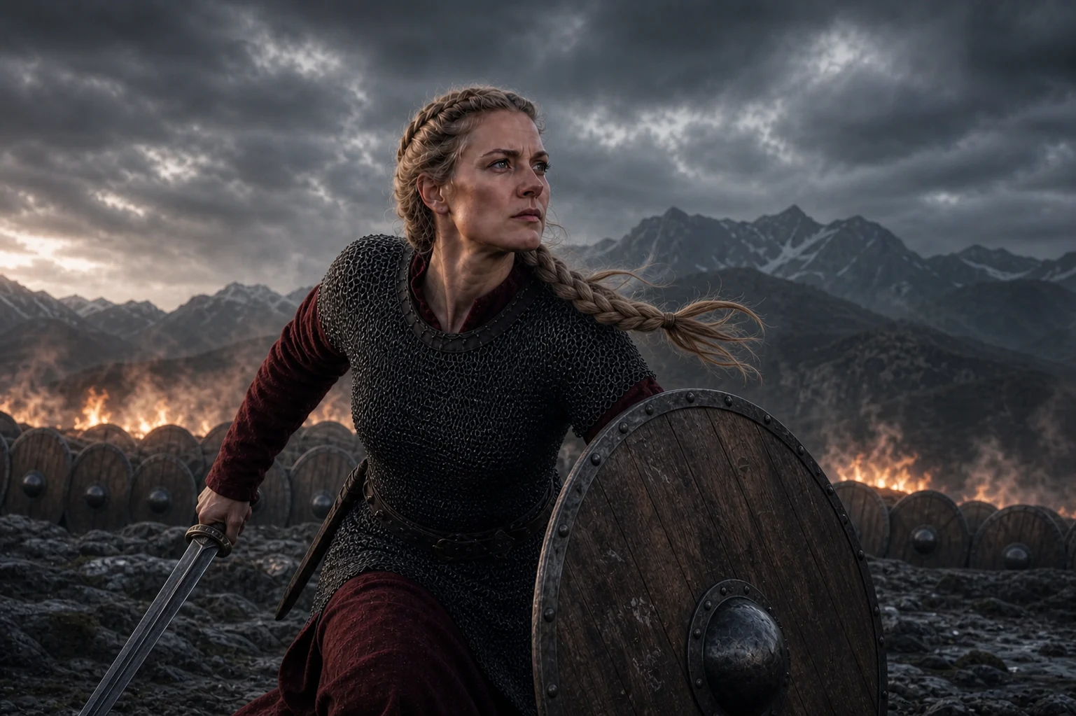 Brynhild seule en mouvement avec son bouclier et son épée sur Hindarfjall