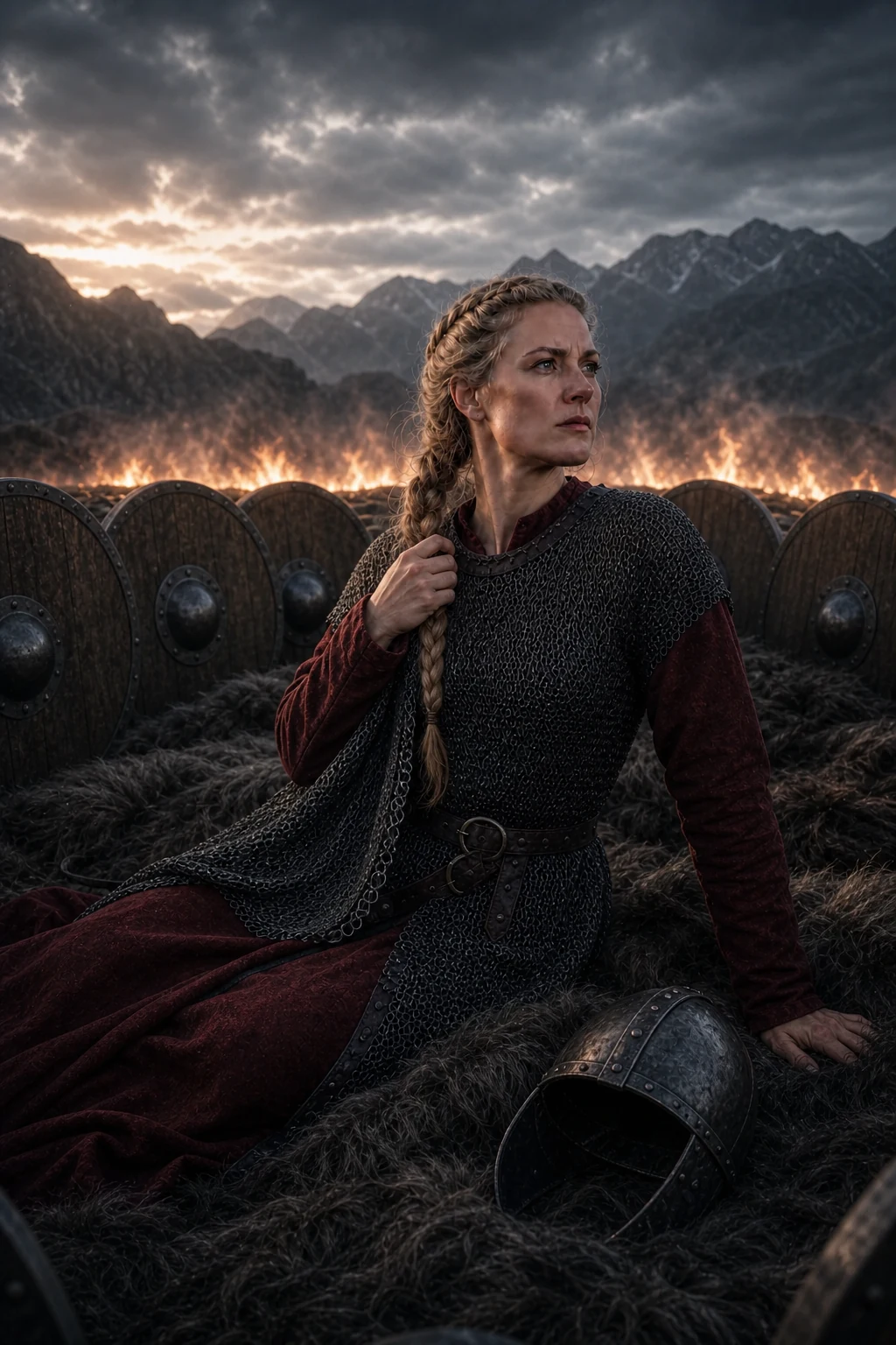 Brynhild seule s'éveille dans l'enceinte de boucliers et de feu sur Hindarfjall